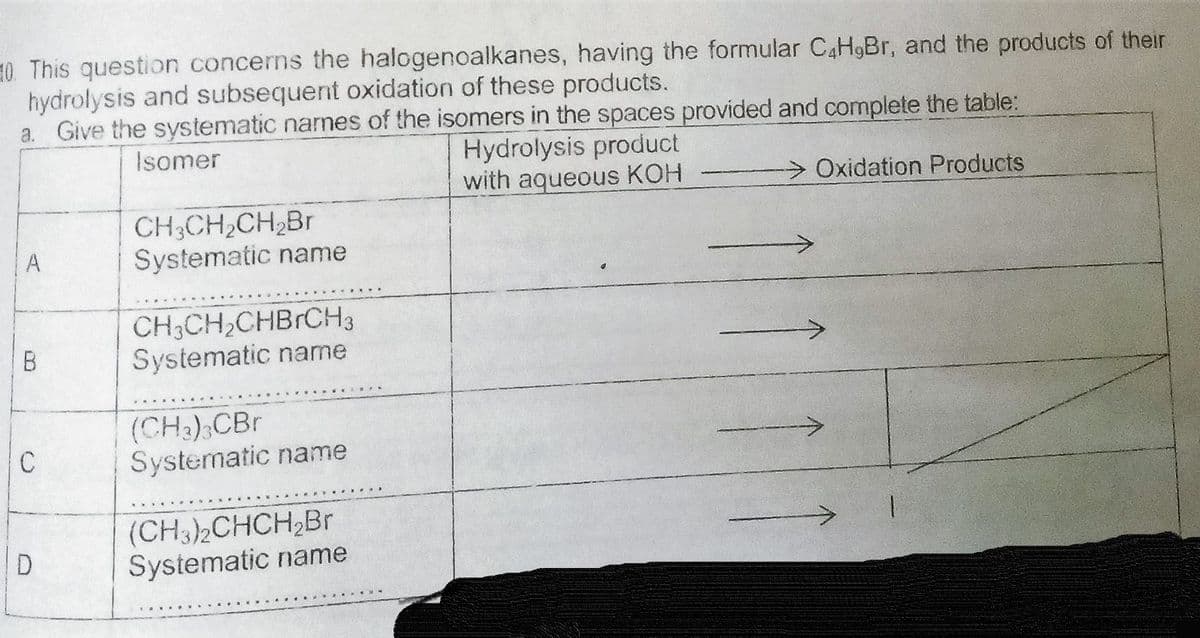 10. This question concerns the halogenoalkanes, having the formular C4H9BR, and the products of their
hydrolysis and subsequent oxidation of these products.
a. Give the systematic names of the isomers in the spaces provided and complete the table:
Hydrolysis product
with aqueous KOH
Isomer
> Oxidation Products
CH3CH,CH,Br
Systematic name
CH3CH2CHBrCH3
Systematic name
B
(CH3),CBr
Systematic name
C
(CH3)2CHCH,Br
Systematic name
D
