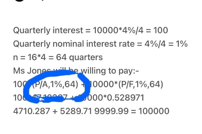 Quarterly interest = 10000*4%/4 = 100
Quarterly nominal interest rate = 4%/4 = 1%
n = 16*4 = 64 quarters
Ms Jonesillhe willing to pay:-
100 (PIA,1%,64) + 10000*(P/F,1%,64)
10 0007 000*0.528971
4710.287 + 5289.71 9999.99 = 100000
