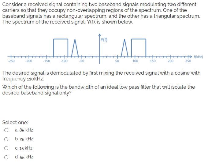 Consider a received signal containing two baseband signals modulating two different
carriers so that they occupy non-overlapping regions of the spectrum. One of the
baseband signals has a rectangular spectrum, and the other has a triangular spectrum.
The spectrum of the received signal, Y(f), is shown below.
Y(f)
++ ++++
-200
++++++++> f{kHz)
150
200
-250
-150
-100
50
50
100
250
The desired signal is demodulated by first mixing the received signal with a cosine with
frequency 110kHz.
Which of the following is the bandwidth of an ideal low pass filter that will isolate the
desired baseband signal only?
Select one:
a. 85 kHz
b. 25 kHz
C. 15 kHz
d. 55 kHz
