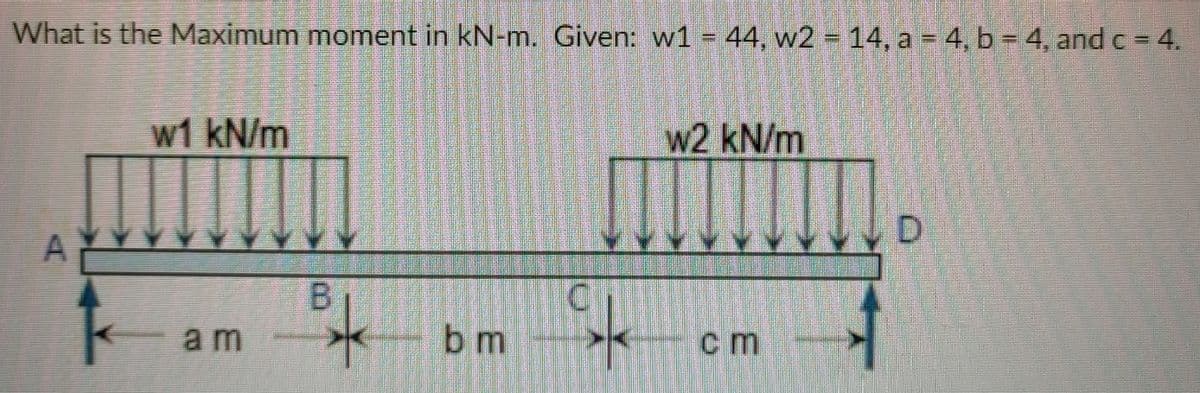 What is the Maximum moment in kN-m. Given: w1 44, w2 = 14, a = 4, b 4, and c = 4.
w1 kN/m
w2 kN/m
D.
am
bm
cm
