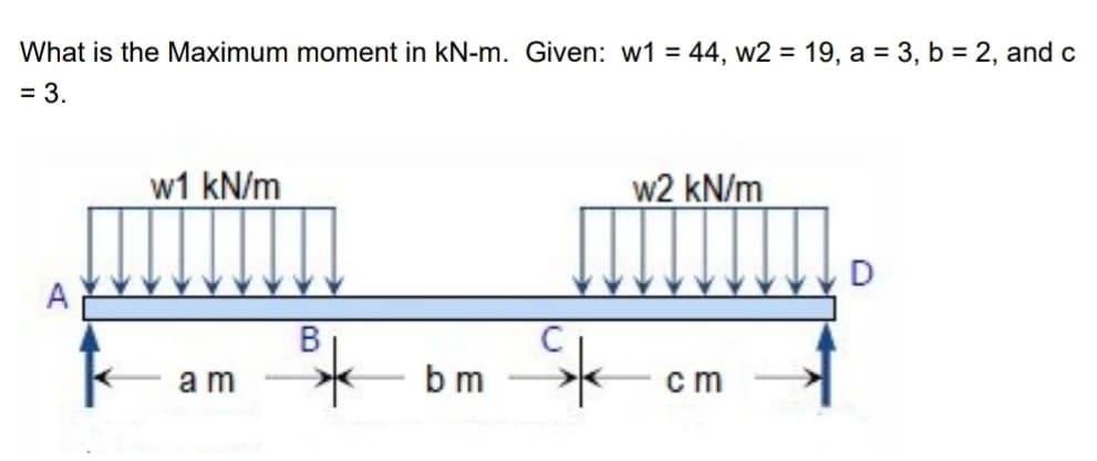 What is the Maximum moment in kN-m. Given: w1 = 44, w2 = 19, a = 3, b = 2, and c
= 3.
w1 kN/m
w2 kN/m
D
A
В
a m
bm
cm
to
