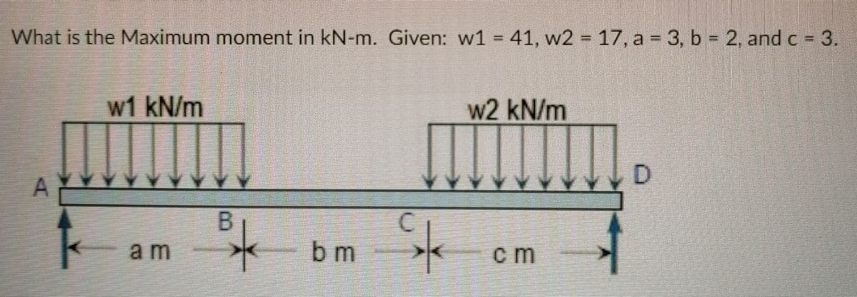 What is the Maximum moment in kN-m. Given: w1 = 41, w2 = 17, a 3, b = 2, and c = 3.
%3D
w1 kN/m
w2 kN/m
D.
B
am
- bm
c m
