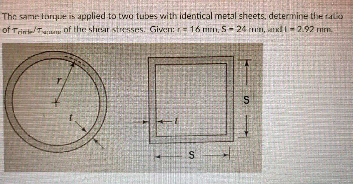 The same torque is applied to two tubes with identical metal sheets, determine the ratio
of Tcircle/Tsquare of the shear stresses. Given: r= 16 mm, S = 24 mm, andt = 2.92 mm.
S.
%S4
