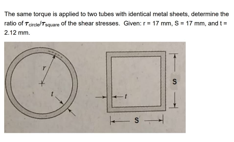 The same torque is applied to two tubes with identical metal sheets, determine the
ratio of Tcircle/Tsquare of the shear stresses. Given: r = 17 mm, S = 17 mm, and t =
2.12 mm.
