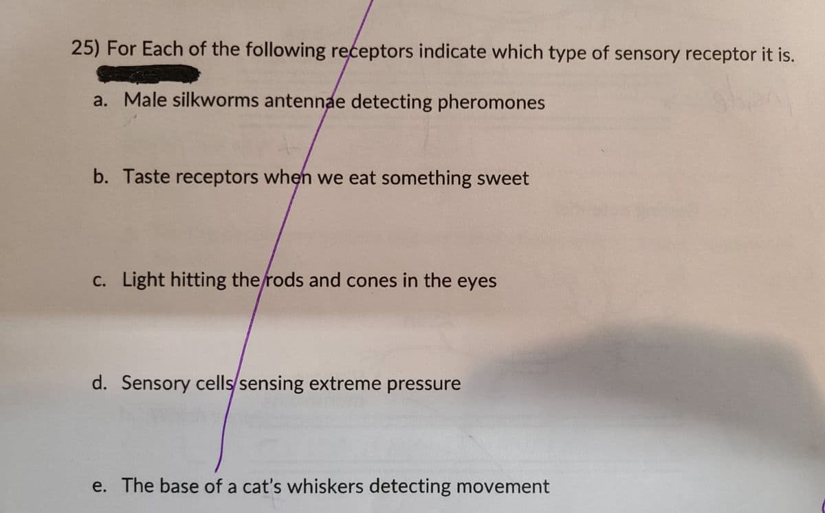 25) For Each of the following receptors indicate which type of sensory receptor it is.
a. Male silkworms antennae detecting pheromones
b. Taste receptors when we eat something sweet
c. Light hitting the rods and cones in the eyes
d. Sensory cells/sensing extreme pressure
e. The base of a cat's whiskers detecting movement