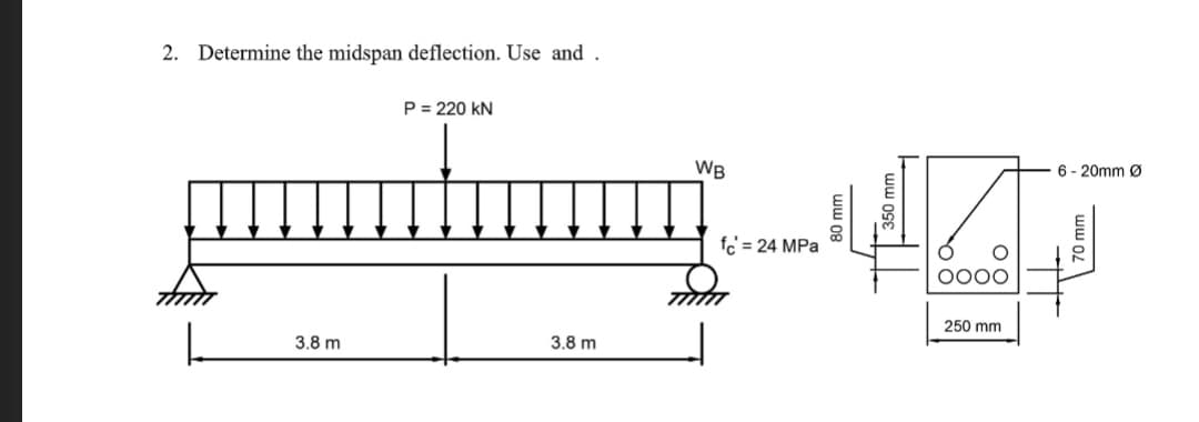 2. Determine the midspan deflection. Use and
P = 220 kN
WB
6 - 20mm Ø
fc = 24 MPa
0000
250 mm
3.8 m
3.8 m
80 mm
ww
70 mm
