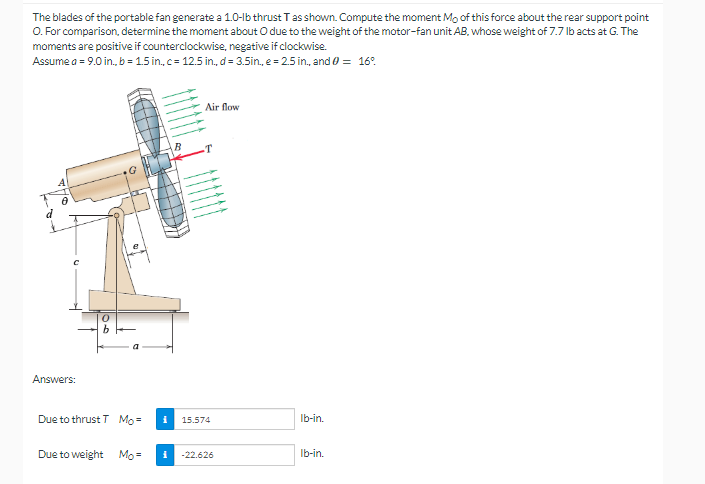 The blades of the portable fan generate a 1.0-lb thrust T as shown. Compute the moment Mo of this force about the rear support point
O. For comparison, determine the moment about O due to the weight of the motor-fan unit AB, whose weight of 7.7 lb acts at G. The
moments are positive if counterclockwise, negative if clockwise.
Assume a = 9.0 in., b = 1.5 in., c= 12.5 in., d = 3.5in., e = 2.5 in., and 0 = 16%
Air flow
Answers:
Due to thrust T Mo=
Due to weight Mo=
B
15.574
i -22.626
lb-in.
Ib-in.