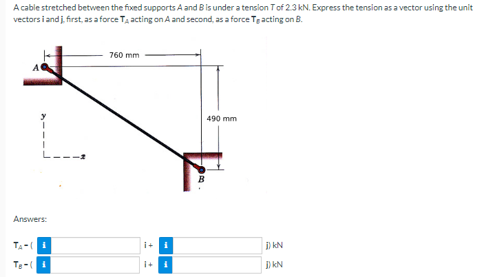 A cable stretched between the fixed supports A and B is under a tension T of 2.3 kN. Express the tension as a vector using the unit
vectors i and j, first, as a force TA acting on A and second, as a force Tg acting on B.
760 mm
Α'
490 mm
Answers:
TA-i
TB-i
i+ i
i+ i
B
j) kN
j) kN