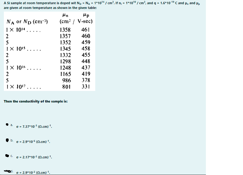 A Si sample at room temperature is doped wit Np = NA = 1*1014 / cm?. If n; = 1*1010 / cm', and q = 1.6*10 19 C and P, and p,
are given at room temperature as shown in the given table:
Hp
(cm? / V-sec)
NA or Np (cm-)
1X 1014.....
2
1358
1357
1352
461
460
459
458
5
1X 1015.....
1345
1332
1298
455
448
5
!X 1016.....
1248
1165
986
801
437
419
5
1X 1017..
378
331
Then the conductivity of the sample is:
o = 7.37*10 (0.cm) '.
• a.
2.9*10 (N.cm)1.
b.
o = 2.17*102 (0.cm)'.
C.
O = 2.9*102 (N.cm)1.
