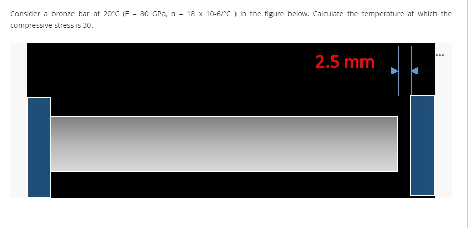 Consider a bronze bar at 20°C (E = 80 GPa, a = 18 x 10-6/°C) in the figure below. Calculate the temperature at which the
compressive stress is 30.
2.5 mm