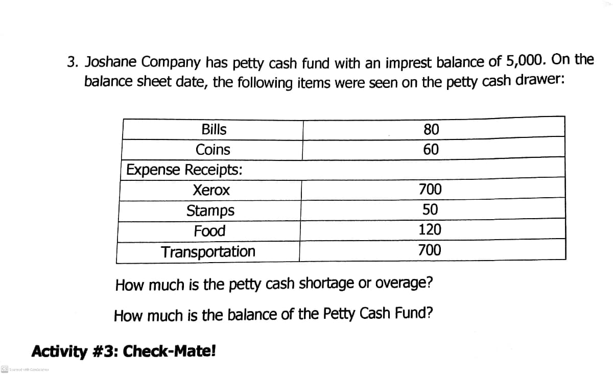 3. Joshane Company has petty cash fund with an imprest balance of 5,000. On the
balance sheet date, the following items were seen on the petty cash drawer:
Bills
80
Coins
60
Expense Receipts:
Xerox
700
50
Stamps
Food
120
Transportation
700
How much is the petty cash shortage or overage?
How much is the balance of the Petty Cash Fund?
Activity #3: Check-Mate!
Cs starnod with Camicanner

