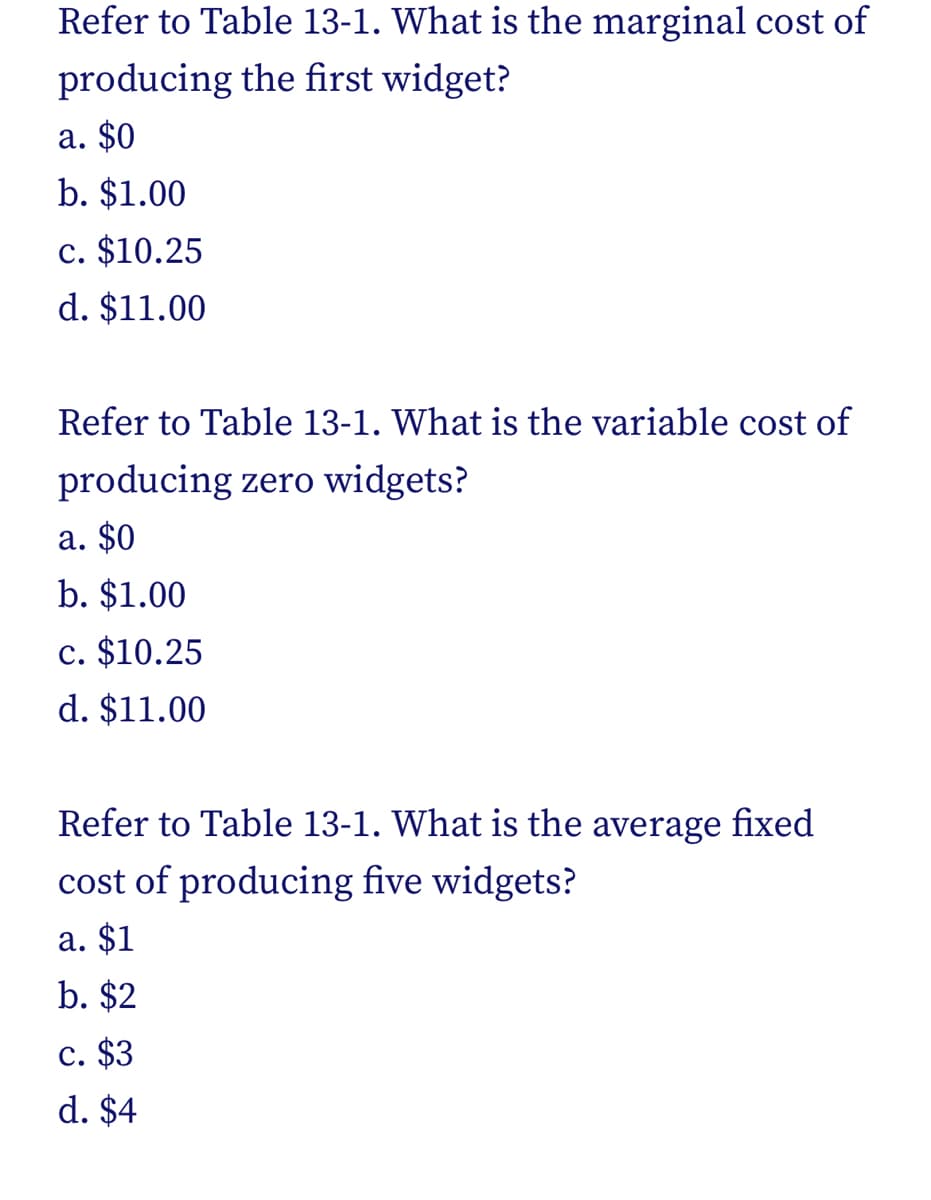 Refer to Table 13-1. What is the marginal cost of
producing the first widget?
a. $0
b. $1.00
c. $10.25
d. $11.00
Refer to Table 13-1. What is the variable cost of
producing zero widgets?
a. $0
b. $1.00
c. $10.25
d. $11.00
Refer to Table 13-1. What is the average fixed
cost of producing five widgets?
a. $1
b. $2
c. $3
d. $4