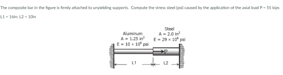 The composite bar in the figure is fırmly attached to unyielding supports. Compute the stress steel (psi) caused by the application of the axial load P = 55 kips
L1 = 16in: L2 = 10in
Aluminum
A = 1.25 in?
E = 10 x 10 psi
Steel
A = 2.0 in?
E = 29 x 10° psi
>P
L1
L2
