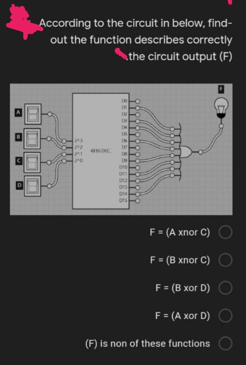 According to the circuit in below, find-
out the function describes correctly
the circuit output (F)
DO
D2
D3
D4
DS
D6
243
2^2
D7
4X16 DEC.
241
D8
240
D9
D10
D11
D12
D13
D14
D1S
F = (A xnor C)
F = (B xnor C)
F = (B xor D)
F= (A xor D)
(F) is non of these functions
