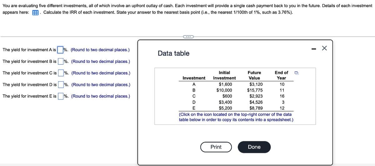 You are evaluating five different investments, all of which involve an upfront outlay of cash. Each investment will provide a single cash payment back to you in the future. Details of each investment
appears here: Calculate the IRR of each investment. State your answer to the nearest basis point (i.e., the nearest 1/100th of 1%, such as 3.76%).
The yield for investment A is
The yield for investment B is
The yield for investment C is
The yield for investment D is
The yield for investment E is
%. (Round to two decimal places.)
%. (Round to two decimal places.)
%. (Round to two decimal places.)
%. (Round to two decimal places.)
%. (Round to two decimal places.)
C
Data table
Investment
A
B
с
D
E
Initial
Investment
$1,600
$10,000
$600
$3,400
$5,200
Future
Value
Print
$3,120
$15,775
$2,923
$4,526
$8,789
End of
Year
10
11
16
Done
3
(Click on the icon located on the top-right corner of the data
table below in order to copy its contents into a spreadsheet.)
12
D
X
