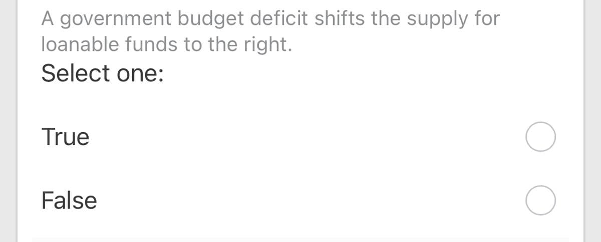 A government budget deficit shifts the supply for
loanable funds to the right.
Select one:
True
False
