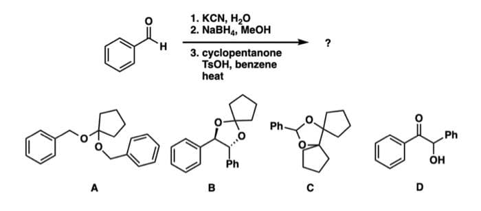 H
A
1. KCN, H,O
2. NaBH4, MeOH
3. cyclopentanone
TSOH, benzene
heat
o look for
B
Ph
Ph-
C
D
Ph
OH