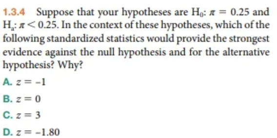 1.3.4 Suppose that your hypotheses are Ho: A = 0.25 and
H,: 1<0.25. In the context of these hypotheses, which of the
following standardized statistics would provide the strongest
evidence against the null hypothesis and for the alternative
hypothesis? Why?
A. z = -1
B. z = 0
C. z = 3
D. z = -1.80
