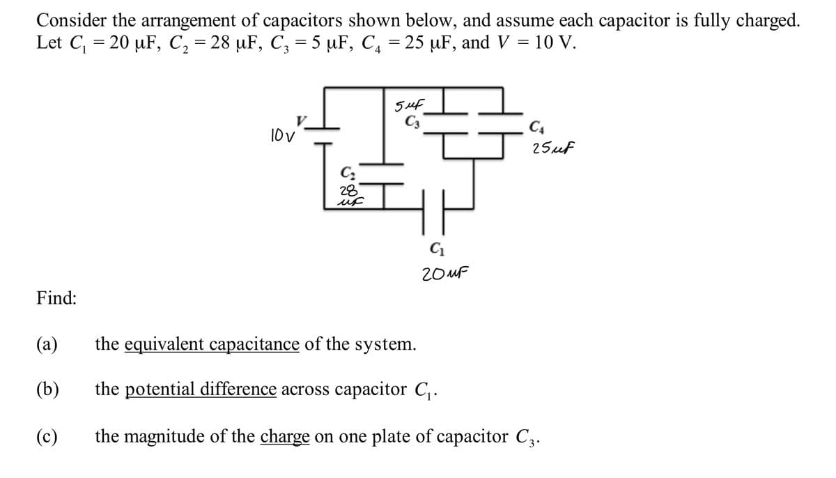 Consider the arrangement of capacitors shown below, and assume each capacitor is fully charged.
Let C₁ = 20 µF, C₂ = 28 µF, C₂ = 5 µF, C₁ = 25 µF, and V = 10 V.
4
Find:
(a)
(b)
(c)
10V
5 мг
C3
2
T
C₂
28
ис
C₁
20 MF
C₁
25 uf
the equivalent capacitance of the system.
the potential difference across capacitor C₁.
the magnitude of the charge on one plate of capacitor C3.