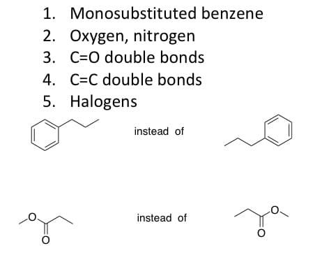 1. Monosubstituted benzene
2. Oxygen, nitrogen
3. C=O double bonds
4. C=C double bonds
5. Halogens
instead of
instead of
