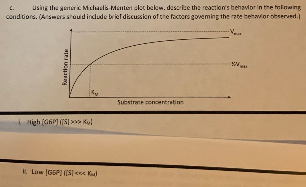 C.
Using the generic Michaelis-Menten plot below, describe the reaction's behavior in the following
conditions. (Answers should include brief discussion of the factors governing the rate behavior observed.)
V.
max
½V,
Substrate concentration
Reaction rate
KM
i. High [G6P] ([S] >>> KM)
ii. Low [G6P] ([S] <<< KM)
max