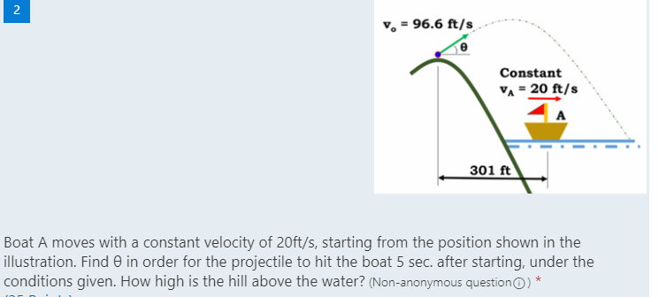 2
= 96.6 ft/s
Constant
VA = 20 ft/s
A
301 ft
Boat A moves with a constant velocity of 20ft/s, starting from the position shown in the
illustration. Find e in order for the projectile to hit the boat 5 sec. after starting, under the
conditions given. How high is the hill above the water? (Non-anonymous question0) *
