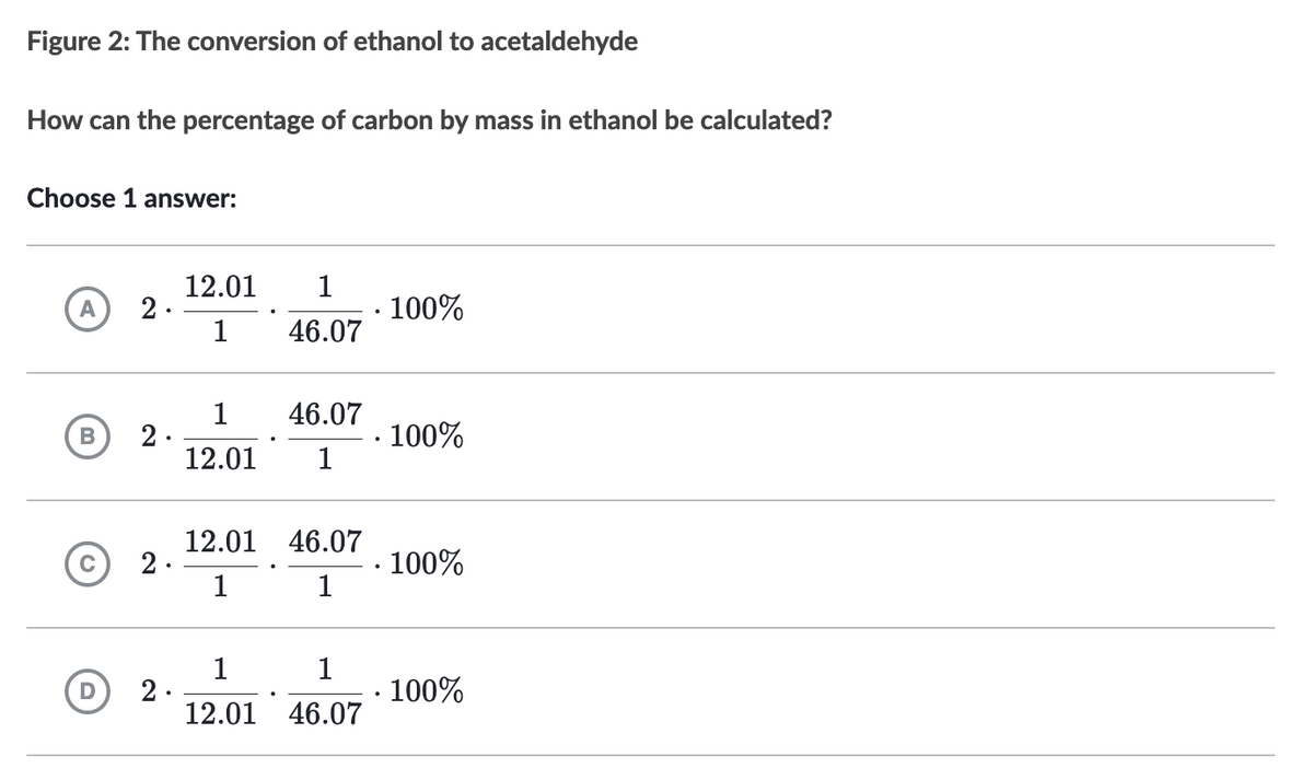 Figure 2: The conversion of ethanol to acetaldehyde
How can the percentage of carbon by mass in ethanol be calculated?
Choose 1 answer:
A 2.
B
с
D
2.
2.
2.
12.01
1
1
46.07
1
12.01 1
12.01
1
46.07
46.07
1
1
1
12.01 46.07
100%
100%
100%
100%