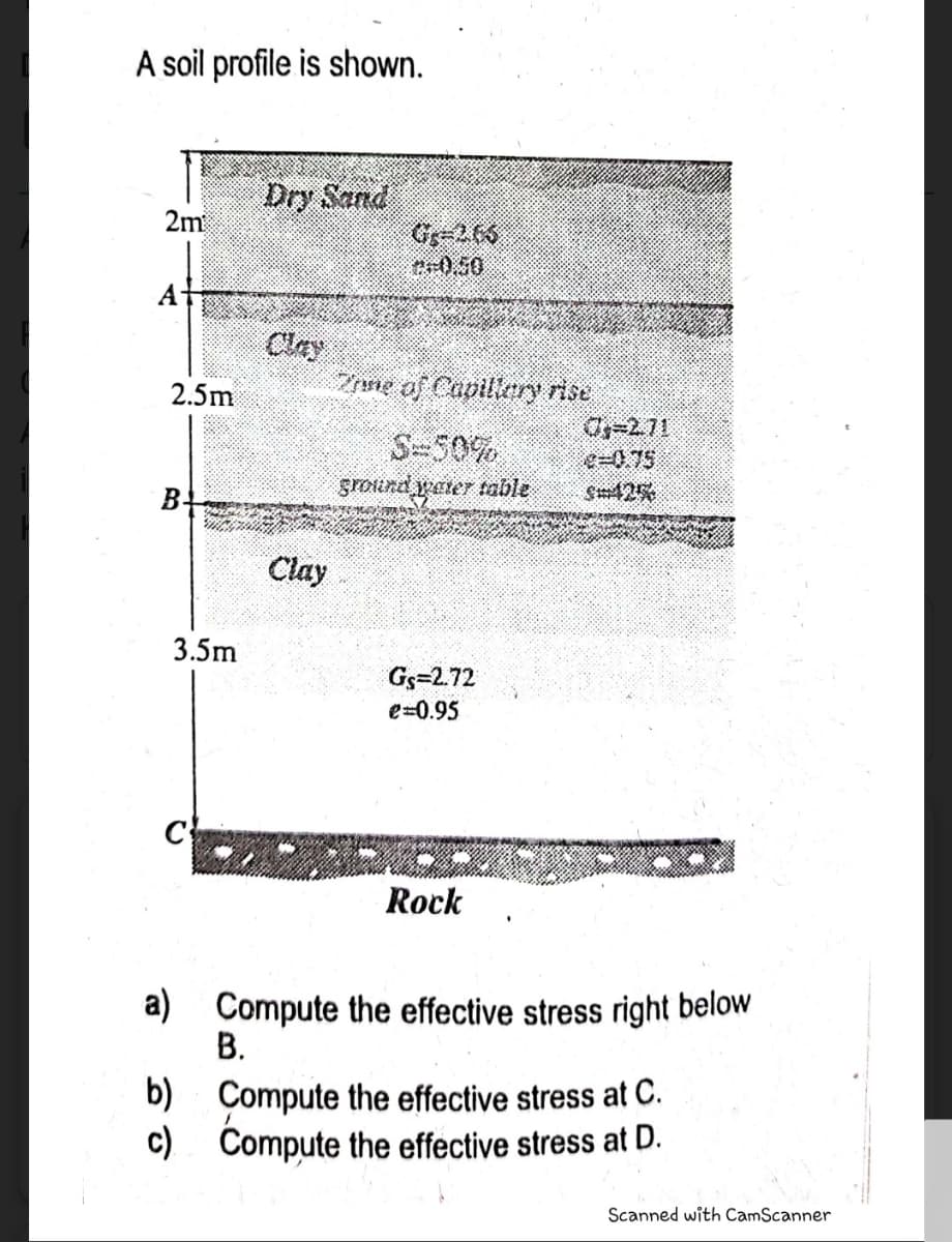 A soil profile is shown.
Dry Sand
2m
Gr-203
C0.50
A
Se
Clay
2rne of Capillery rise
2.5m
S-50%
ground yater table
e-0,75
S425
B-
Clay
3.5m
Gs=2.72
e=0.95
C
Rock
a) Compute the effective stress right below
В.
b) Compute the effective stress at C.
c) Compute the effective stress at D.
Scanned with CamScanner
