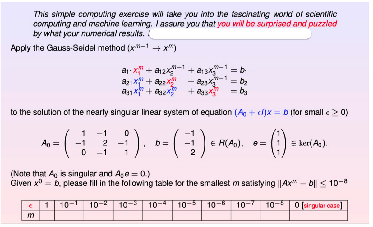 This simple computing exercise will take you into the fascinating world of scientific
computing and machine learning. I assure you that you will be surprised and puzzled
by what your numerical results. I
Apply the Gauss-Seidel method (xm-1 → xm)
a11x" + a12X"- + a13X"
m-1
+ a23X3
+ a33X"
.m-1
.m-1
a21 X" + a22X"
a31 X" + a32X"
= b1
= b2
m
= b3
ym
to the solution of the nearly singular linear system of equation (Ao + el)x = b (for small e > 0)
1
-1
)
Ao
-1
2
-1
E R(A),
b
E ker(Ao).
e =
-1
1
(Note that A, is singular and Age = 0.)
Given x°
b, please fill in the following table for the smallest m satisfying || Axm – b|| < 10-8
10-1
10-2
10-3
10-4
10-5
10-6
10-7
10-8
0 [singular case]
I| || ||
