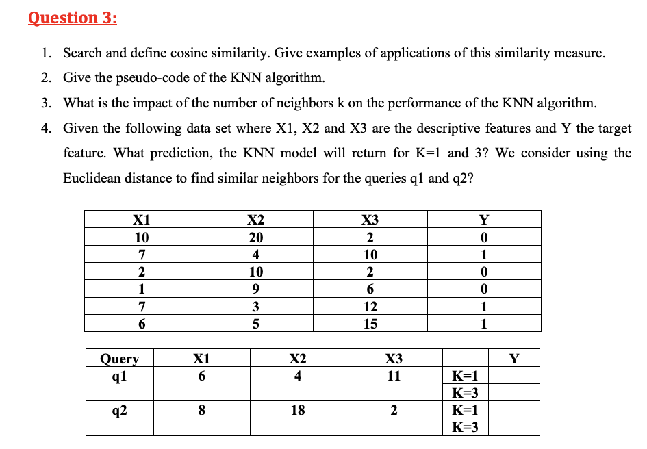 Question 3:
1. Search and define cosine similarity. Give examples of applications of this similarity measure.
2. Give the pseudo-code of the KNN algorithm.
3. What is the impact of the number of neighbors k on the performance of the KNN algorithm.
4. Given the following data set where X1, X2 and X3 are the descriptive features and Y the target
feature. What prediction, the KNN model will return for K=1 and 3? We consider using the
Euclidean distance to find similar neighbors for the queries q1 and q2?
X1
X2
X3
Y
10
20
2
7
4
10
1
2
10
2
1
6
7
3
12
1
6
5
15
1
Query
q1
X1
X2
X3
Y
6
4
11
K=1
K=3
q2
8
18
2
K=1
K=3
