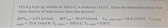 125.0 g H₂O (g), initially at 100.0 C, is cooled to -15.0 C. Given the information below, how
many total kJ of heat evolve from this process?
AH°fus
water
6.01 kJ/mol;
AH vap
75.4 J/mol K; Tb, water
W
40.67 kJ/mol;
100.0 C; T₁, water
Cm. solid water
0.00 C
36.4 J/mol C: Cm, liquid