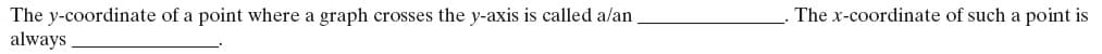 The x-coordinate of such a point is
The y-coordinate of a point where a graph crosses the y-axis is called a/an
always
