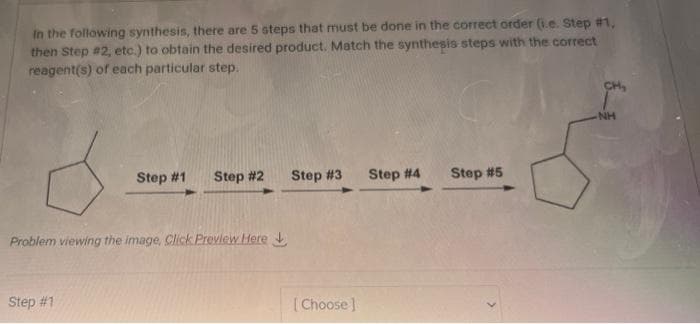 In the following synthesis, there are 5 steps that must be done in the correct order (i.e. Step #1,
then Step #2, etc.) to obtain the desired product. Match the synthesis steps with the correct
reagent(s) of each particular step.
Step #1 Step #2
Problem viewing the image. Click Preview Here
Step #1
Step #3 Step #4
[Choose]
Step #5
CH₂
NH