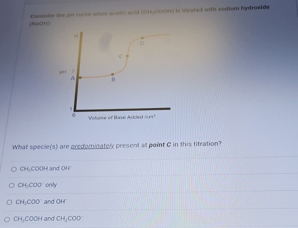 Consider the pH curve when acetic acid (CH,COOH) is titrated with sodium hydroxide
(NaOH):
pH 7
A
0
B
Volume of Base Added /cm³
What specie(s) are predominately present at point C in this titration?
O CH3COOH and OH
O CH3COO only
O CH3COO and OH
O CH3COOH and CH3COO