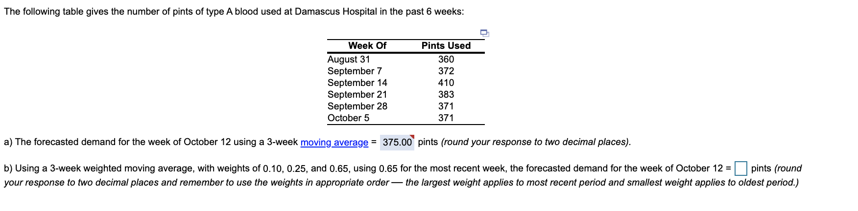 The following table gives the number of pints of type A blood used at Damascus Hospital in the past 6 weeks:
Week Of
Pints Used
August 31
September 7
September 14
September 21
September 28
October 5
360
372
410
383
371
371
a) The forecasted demand for the week of October 12 using a 3-week moving average = 375.00 pints (round your response to two decimal places).
b) Using a 3-week weighted moving average, with weights of 0.10, 0.25, and 0.65, using 0.65 for the most recent week, the forecasted demand for the week of October 12 =
pints (round
your response to two decimal places and remember to use the weights in appropriate order – the largest weight applies to most recent period and smallest weight applies to oldest period.)
