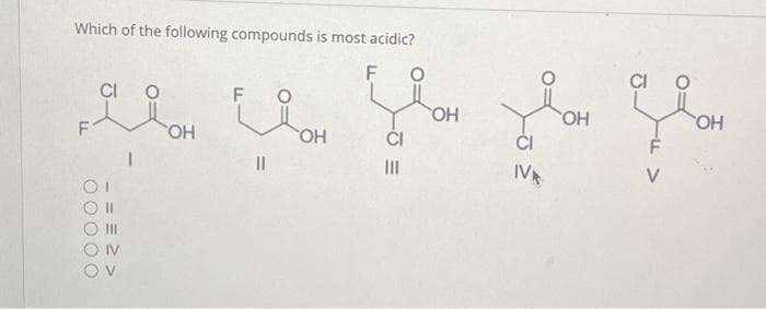 Which of the following compounds is most acidic?
F
CI
00000
=32>
OV
OH
F
OH
OH
IVK
OH
인요
F
OH