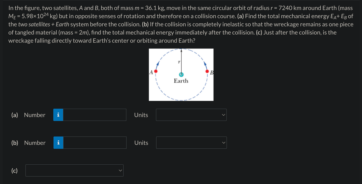 In the figure, two satellites, A and B, both of mass m = 36.1 kg, move in the same circular orbit of radius r = 7240 km around Earth (mass
ME = 5.98×1024 kg) but in opposite senses of rotation and therefore on a collision course. (a) Find the total mechanical energy Е+ ЕÅ of
the two satellites + Earth system before the collision. (b) If the collision is completely inelastic so that the wreckage remains as one piece
of tangled material (mass = 2m), find the total mechanical energy immediately after the collision. (c) Just after the collision, is the
wreckage falling directly toward Earth's center or orbiting around Earth?
(a) Number
Units
(b) Number
(c)
Units
A
B
Earth