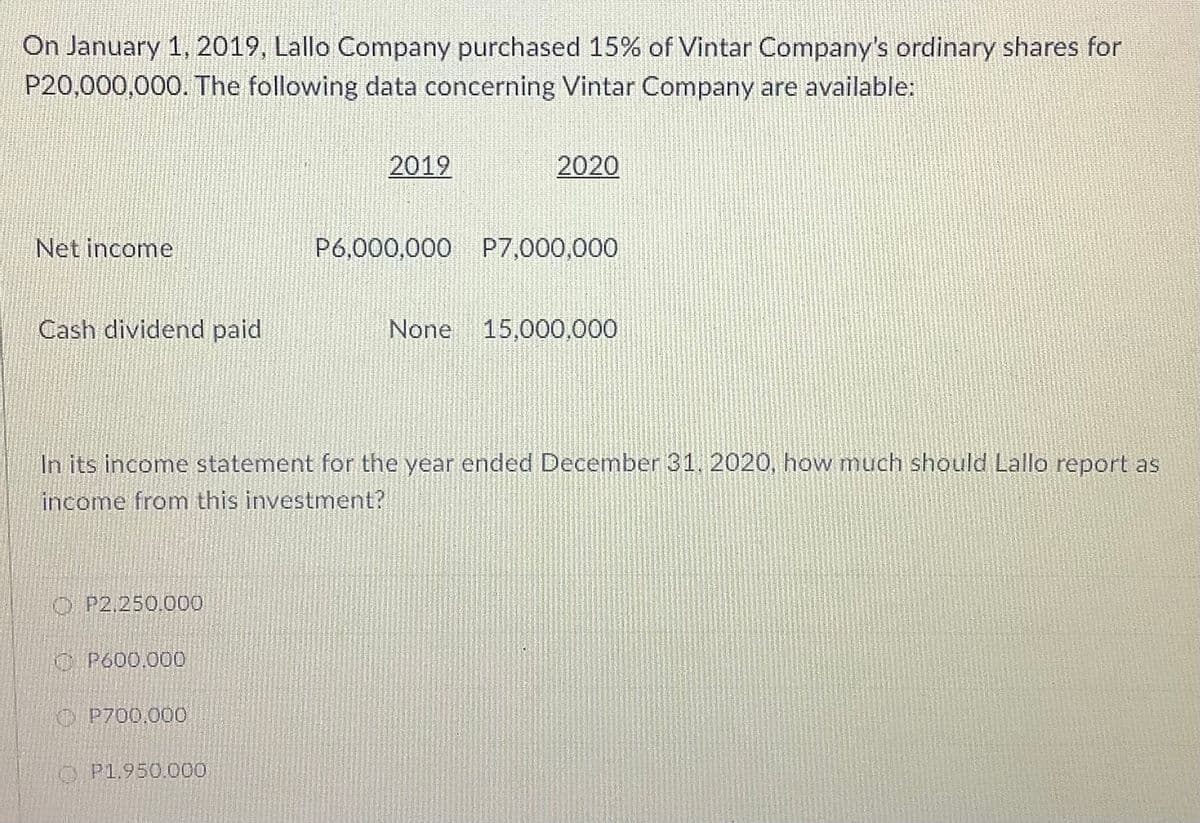 On January 1, 2019, Lallo Company purchased 15% of Vintar Company's ordinary shares for
P20,000,000. The following data concerning Vintar Company are available:
2019
2020
Net income
P6,000,000 P7,000,000
Cash dividend paid
None
15,000,000
In its income statement for the year ended December 31. 2020, how much should Lallo report as
income from this investment?
O P2,250.000
O P600.000
O P700.000
O P1.950.000
