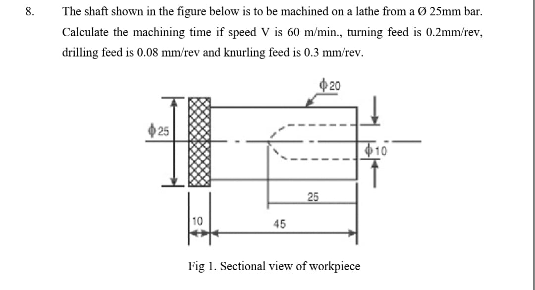 8.
The shaft shown in the figure below is to be machined on a lathe from a Ø 25mm bar.
Calculate the machining time if speed V is 60 m/min., turning feed is 0.2mm/rev,
drilling feed is 0.08 mm/rev and knurling feed is 0.3 mm/rev.
20
O 25
10
25
10
45
Fig 1. Sectional view of workpiece
