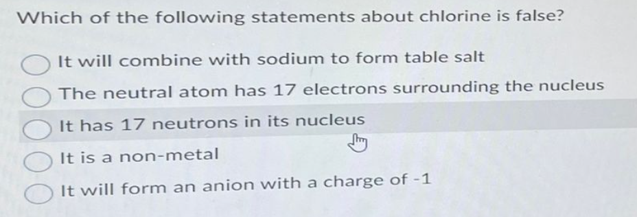 Which of the following statements about chlorine is false?
It will combine with sodium to form table salt
The neutral atom has 17 electrons surrounding the nucleus
It has 17 neutrons in its nucleus
It is a non-metal
It will form an anion with a charge of -1