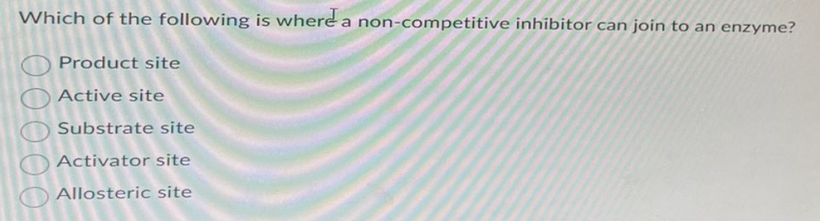 Which of the following is where a non-competitive inhibitor can join to an enzyme?
0 0 0 0 0
Product site
Active site
Substrate site
Activator site
Allosteric site