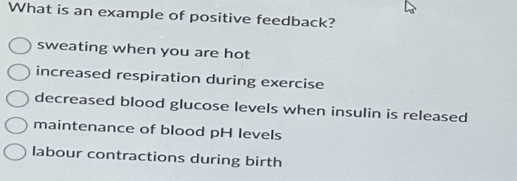 K
What is an example of positive feedback?
sweating when you are hot
increased respiration during exercise
decreased blood glucose levels when insulin is released
maintenance of blood pH levels
labour contractions during birth
