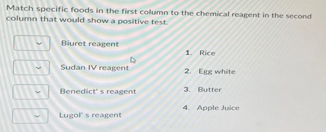 Match specific foods in the first column to the chemical reagent in the second
column that would show a positive test.
Biuret reagent
Sudan IV reagent
Benedict's reagent
Lugol's reagent
1. Rice
2. Egg white
3.
Butter
4. Apple Juice