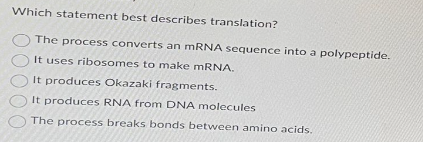 Which statement best describes translation?
00
The process converts an mRNA sequence into a polypeptide.
It uses ribosomes to make mRNA.
It produces Okazaki fragments.
It produces RNA from DNA molecules
The process breaks bonds between amino acids.