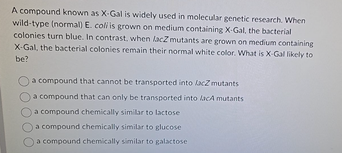 A compound known as X-Gal is widely used in molecular genetic research. When
wild-type (normal) E. coli is grown on medium containing X-Gal, the bacterial
colonies turn blue. In contrast, when lacZ mutants are grown on medium containing
X-Gal, the bacterial colonies remain their normal white color. What is X-Gal likely to
be?
a compound that cannot be transported into lacz mutants
a compound that can only be transported into lacA mutants
a compound chemically similar to lactose
a compound chemically similar to glucose
a compound chemically similar to galactose