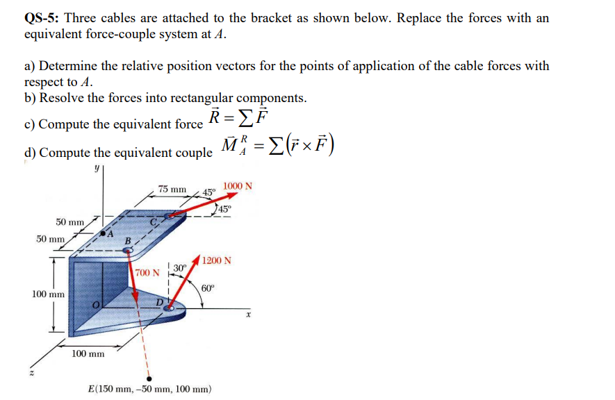 QS-5: Three cables are attached to the bracket as shown below. Replace the forces with an
equivalent force-couple system at A.
a) Determine the relative position vectors for the points of application of the cable forces with
respect to A.
b) Resolve the forces into rectangular components.
c) Compute the equivalent force R=[F
d) Compute the equivalent couple
50 mm,
22
50 mm
100 mm
100 mm
75 mm
700 N
30°
60°
M² = Σ(†×F)
E(150 mm, -50 mm, 100 mm)
1000 N
1200 N
45°
x