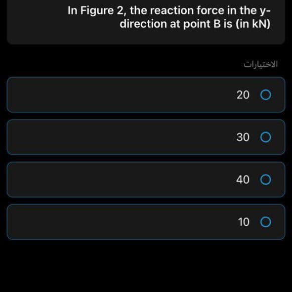 In Figure 2, the reaction force in the y-
direction at point B is (in kN)
الاختيارات
20 O
30 O
40 O
10 O
