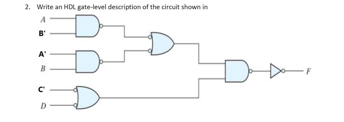 2.
Write an HDL gate-level description of the circuit shown in
B'
A'
В
- F
C'
D
