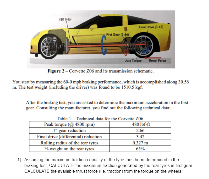 480 ft-lbf
First Gear (2.66)
Final Drive (3.42)
Figure 2 - Corvette Z06 and its transmission schematic.
You start by measuring the 60-0 mph braking performance, which is accomplished along 30.56
m. The test weight (including the driver) was found to be 1510.5 kgf.
Peak torque (@4800 rpm)
1st gear reduction
Axle Torque Thrust Force
After the braking test, you are asked to determine the maximum acceleration in the first
gear. Consulting the manufacturer, you find out the following technical data:
Final drive (differential) reduction
Rolling radius of the rear tyres
% weight on the rear tyres
Table 1 - Technical data for the Corvette Z06
480 lbf-ft
2.66
3.42
0.327 m
65%
1) Assuming the maximum traction capacity of the tyres has been determined in the
braking test, CALCULATE the maximum traction generated by the rear tyres in first gear.
CALCULATE the available thrust force (i.e. traction) from the torque on the wheels.