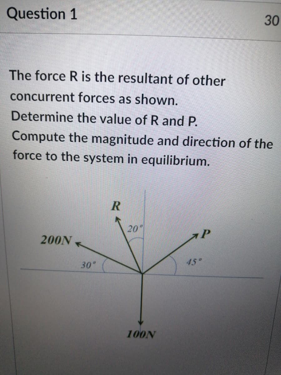 Question 1
30
The force R is the resultant of other
concurrent forces as shown.
Determine the value of R and P.
Compute the magnitude and direction of the
force to the system in equilibrium.
R
20
200N
30
45°
100N
